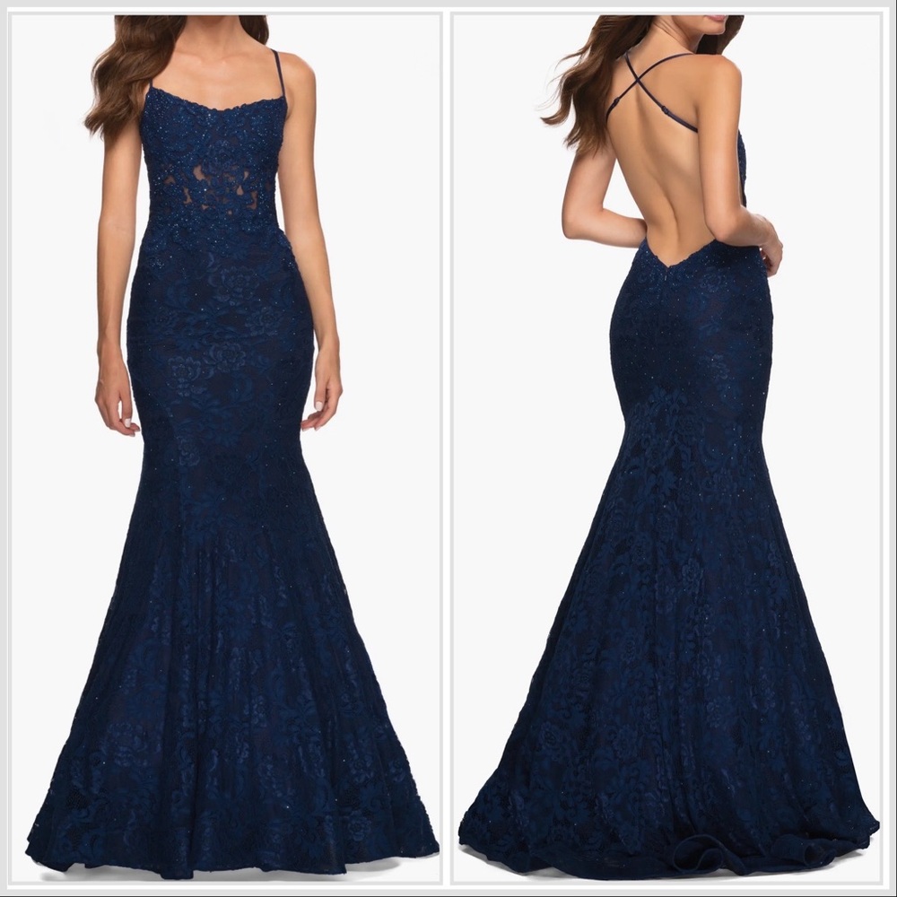 La Femme Navy Blue Lace Gown